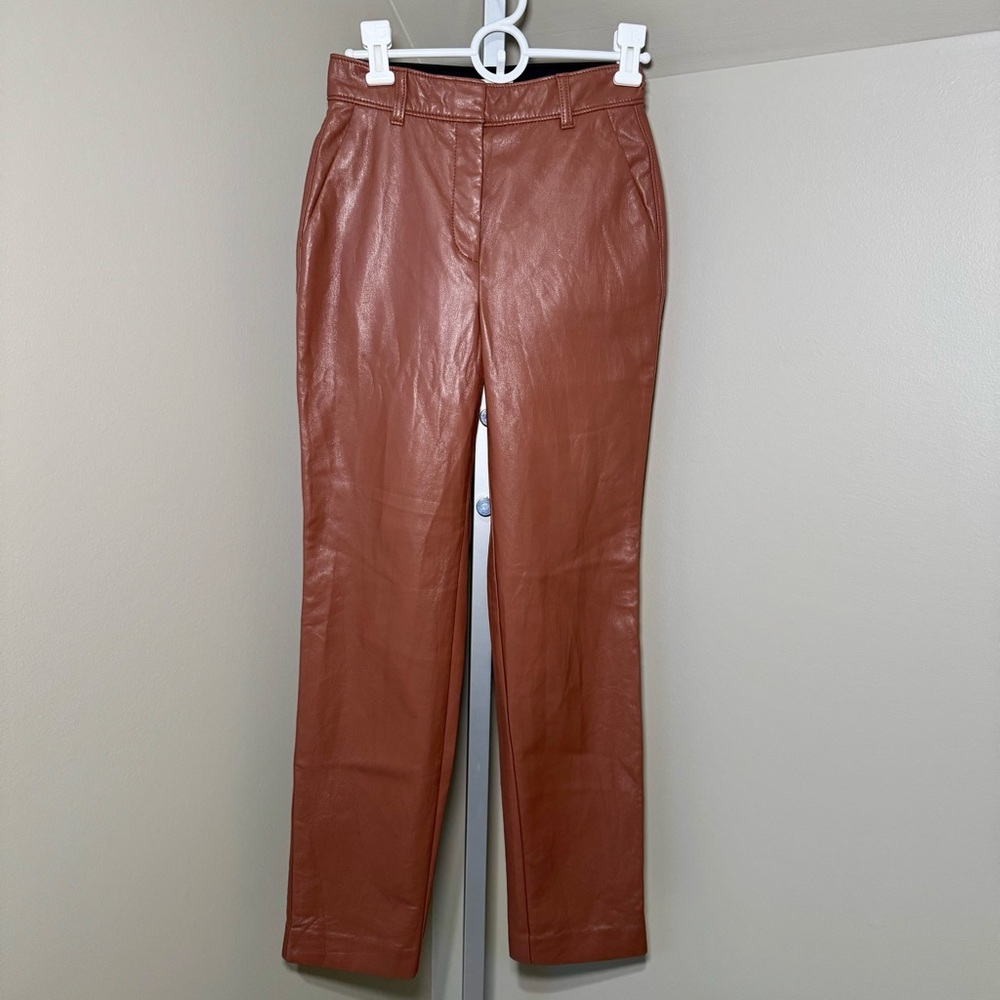 Aritzia Babaton Vegan Leather Command Pant Cognac Brown Straight Leg Size 0 F11